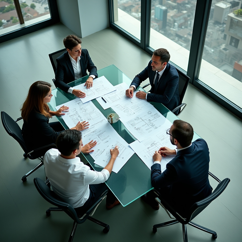 Audit team reviewing construction project documentation in a modern office
